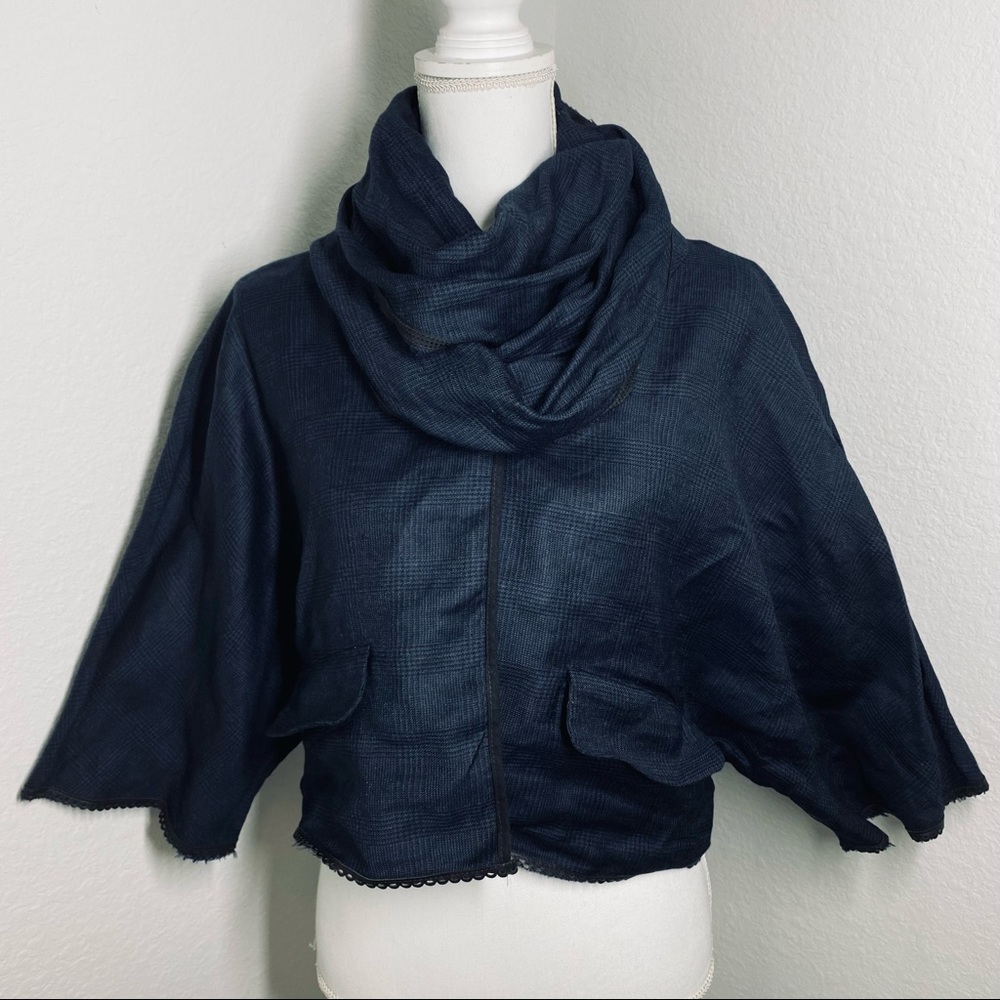 HACHE Dark Academia Cardigan Crop Top Wool Lagenlook Plaid Cowl Neck Open Front